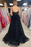 Prom Dress 2025 Stunning Sequin Lace Tiered Prom Dresses with Slit Spaghetti Strap Boned Bodice 24307-unique elegant Prom Dresses-Black-Custom Size-vigocouture