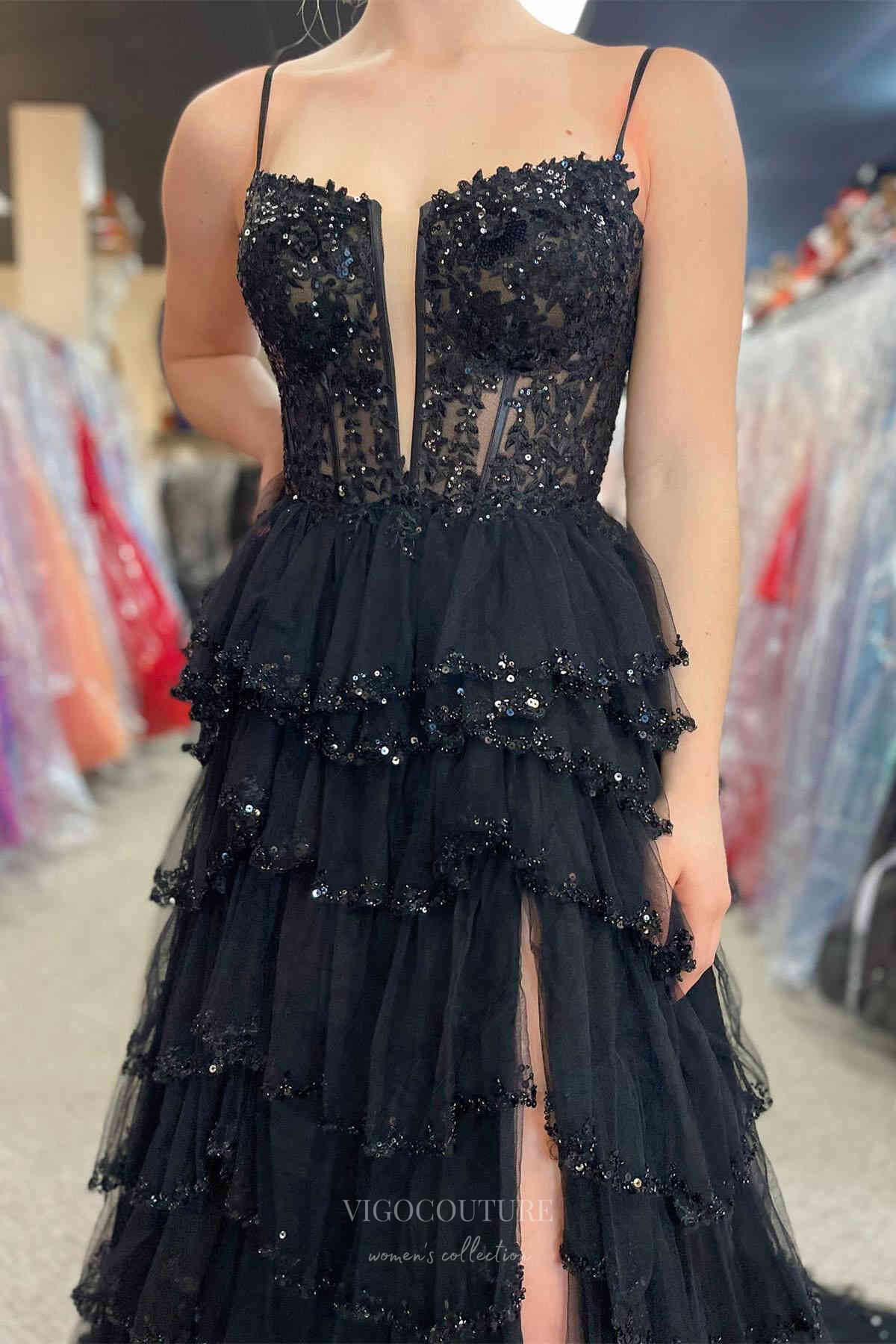 Prom Dress 2025 Stunning Sequin Lace Tiered Prom Dresses with Slit Spaghetti Strap Boned Bodice 24307-unique elegant Prom Dresses-Black-Custom Size-vigocouture