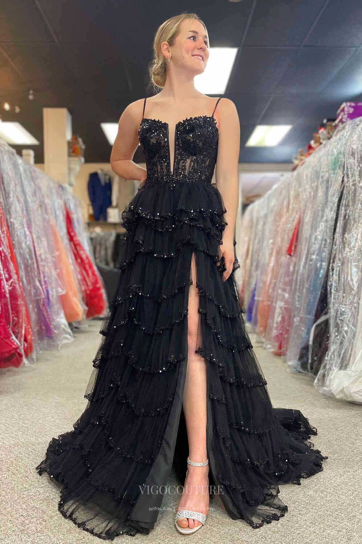 Prom Dress 2025 Stunning Sequin Lace Tiered Prom Dresses with Slit Spaghetti Strap Boned Bodice 24307-unique elegant Prom Dresses-Black-Custom Size-vigocouture