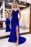 Prom Dress 2025 Stunning Sequin Mermaid Prom Dress with Slit, Feathers, and Spaghetti Straps 22185-unique elegant Prom Dresses-Blue-Custom Size-vigocouture