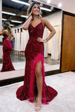 Prom Dress 2025 Stunning Sequin Mermaid Prom Dress with Slit, Feathers, and Spaghetti Straps 22185-unique elegant Prom Dresses-Burgundy-Custom Size-vigocouture