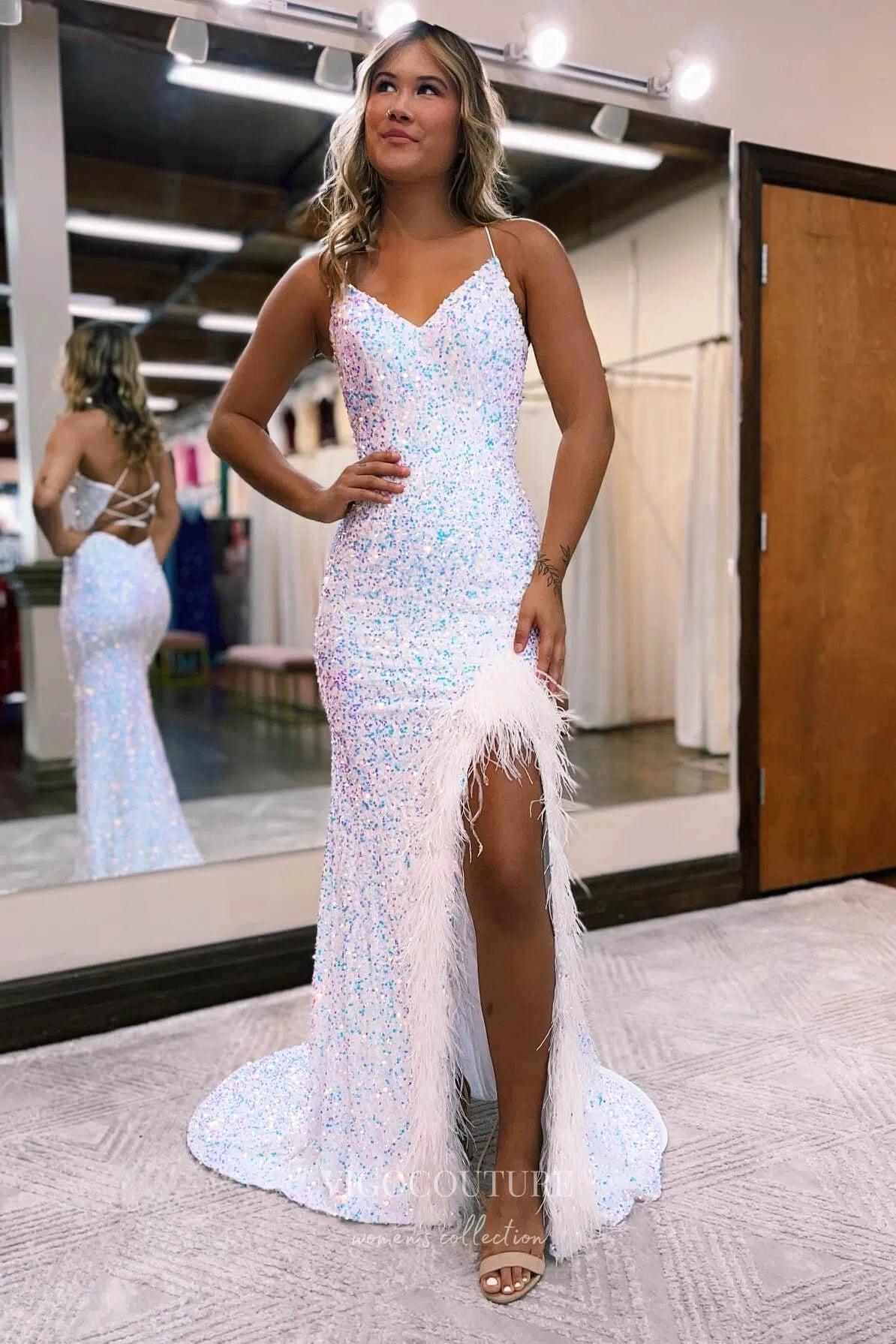 Prom Dress 2025 Stunning Sequin Mermaid Prom Dress with Slit, Feathers, and Spaghetti Straps 22185-unique elegant Prom Dresses-White-Custom Size-vigocouture