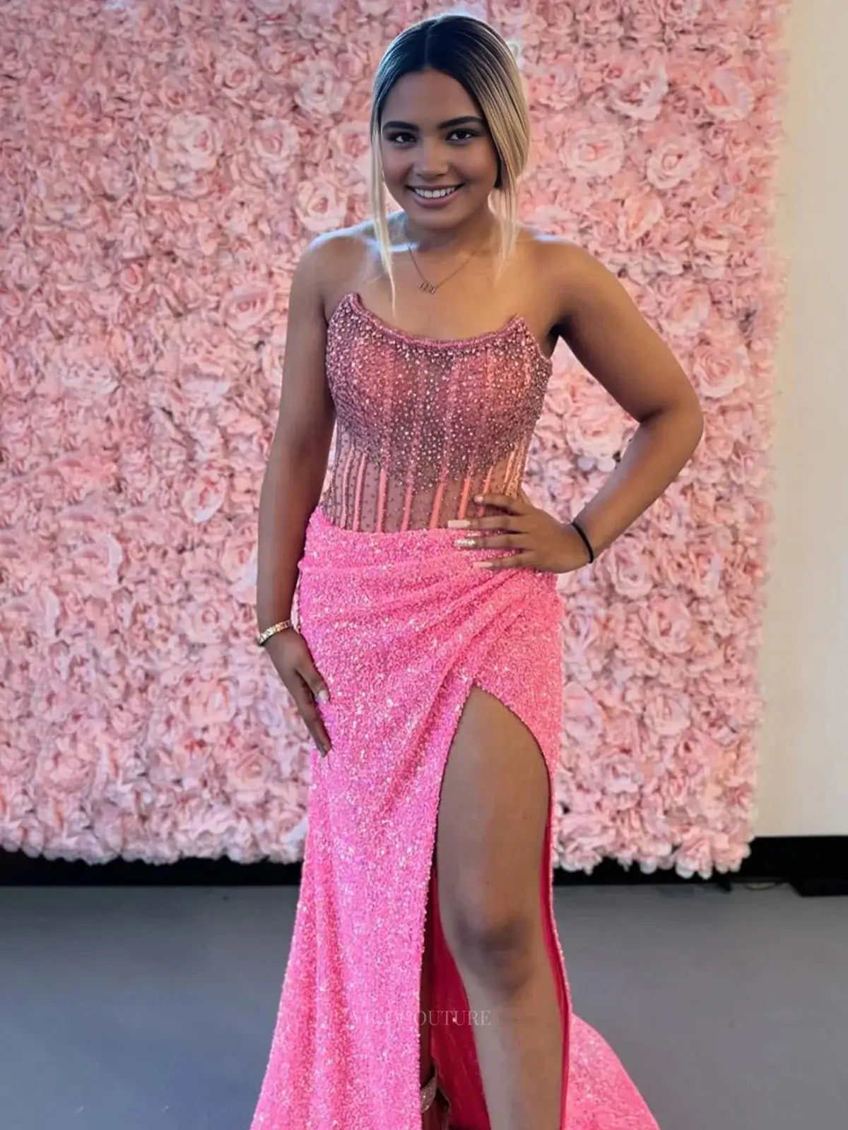 Prom Dresses 2025 to impress Stunning Sequin Mermaid Prom Dresses with Slit & Beaded Sheer Bodice – 25123-vigocouture-Pink-Custom Size-vigocouture