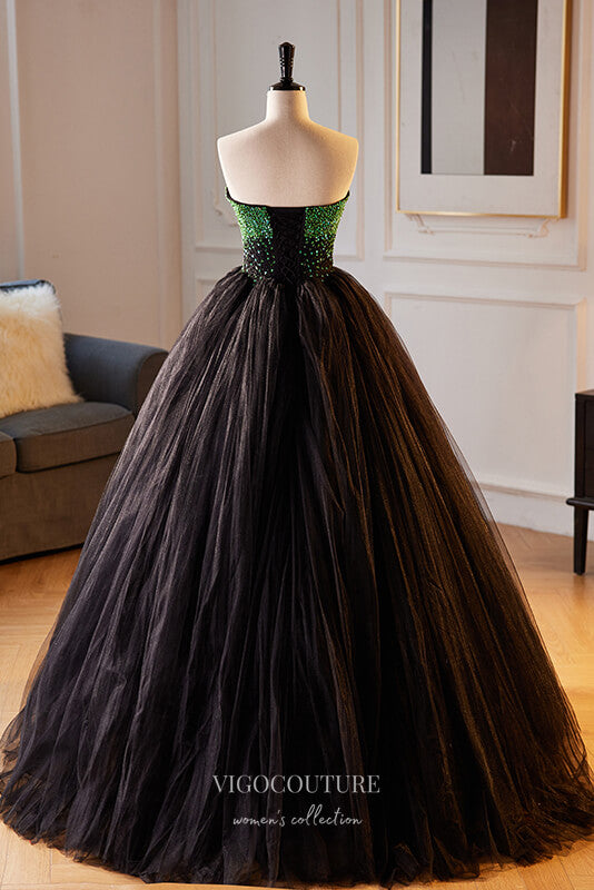 Prom Dress 2025 Stunning Strapless Beaded Prom Dress Pleated Tulle Formal Gown 22270-unique elegant Prom Dresses-Black-Custom Size-vigocouture