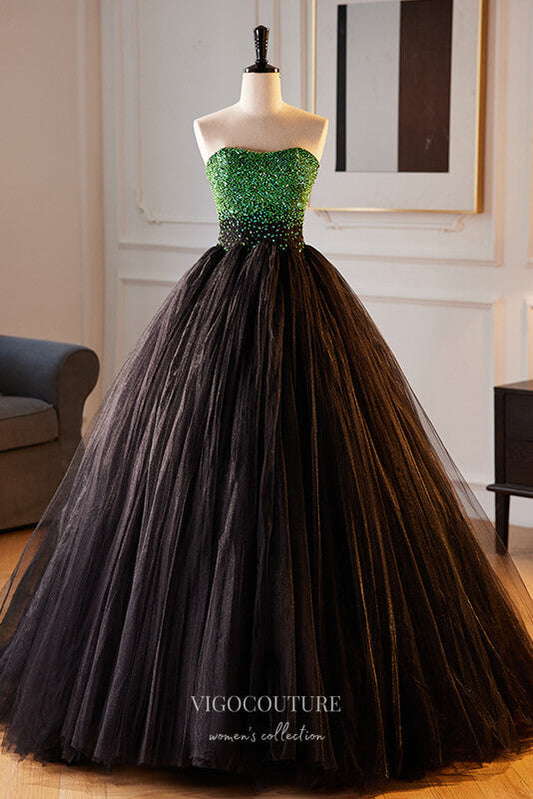 Prom Dress 2025 Stunning Strapless Beaded Prom Dress Pleated Tulle Formal Gown 22270-unique elegant Prom Dresses-Black-Custom Size-vigocouture