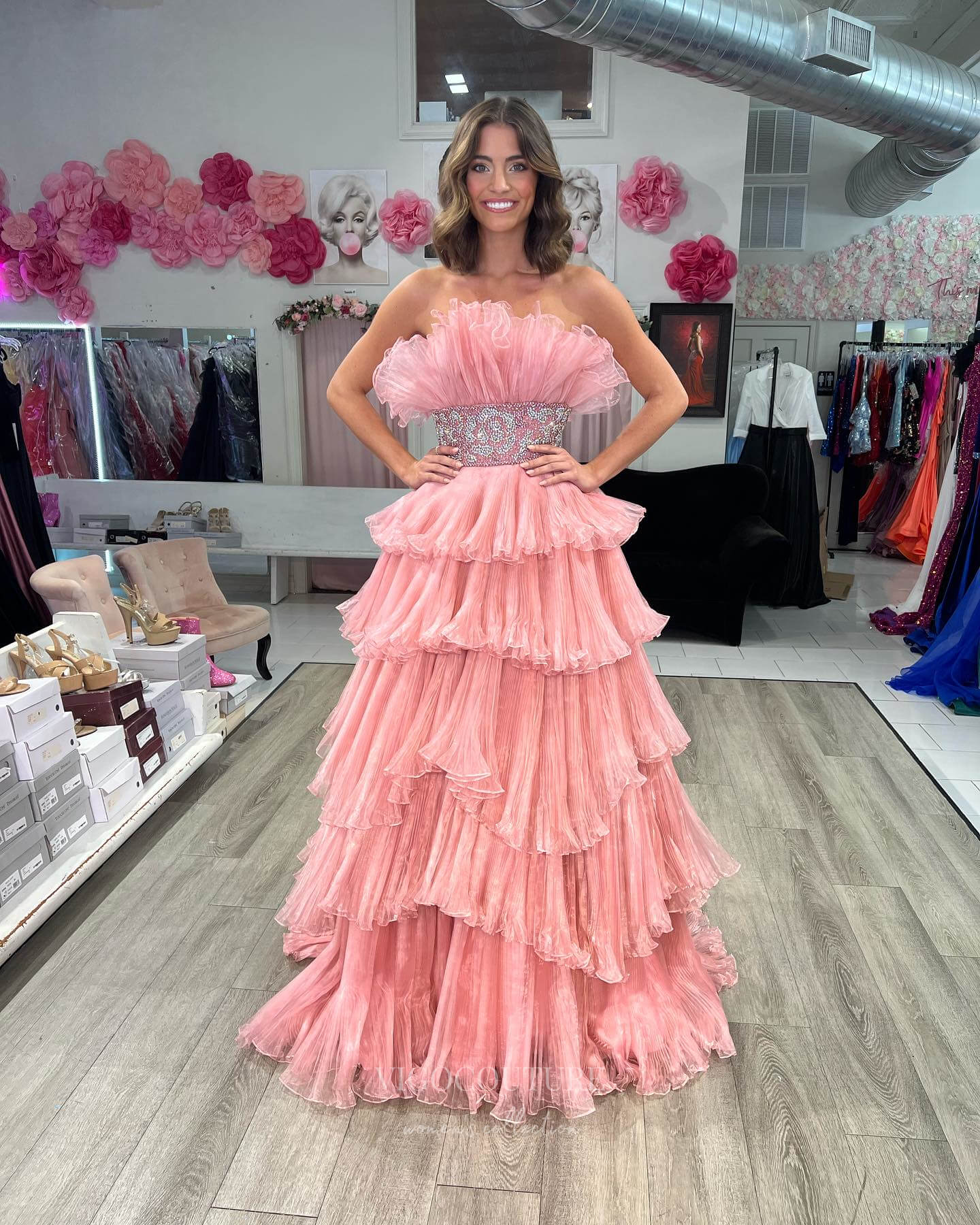 Prom Dress 2025 Stunning Tiered Ruffled Prom Dresses Beaded Waist Layered Formal Gown 24355-unique elegant Prom Dresses-Dusty Pink-Custom Size-vigocouture