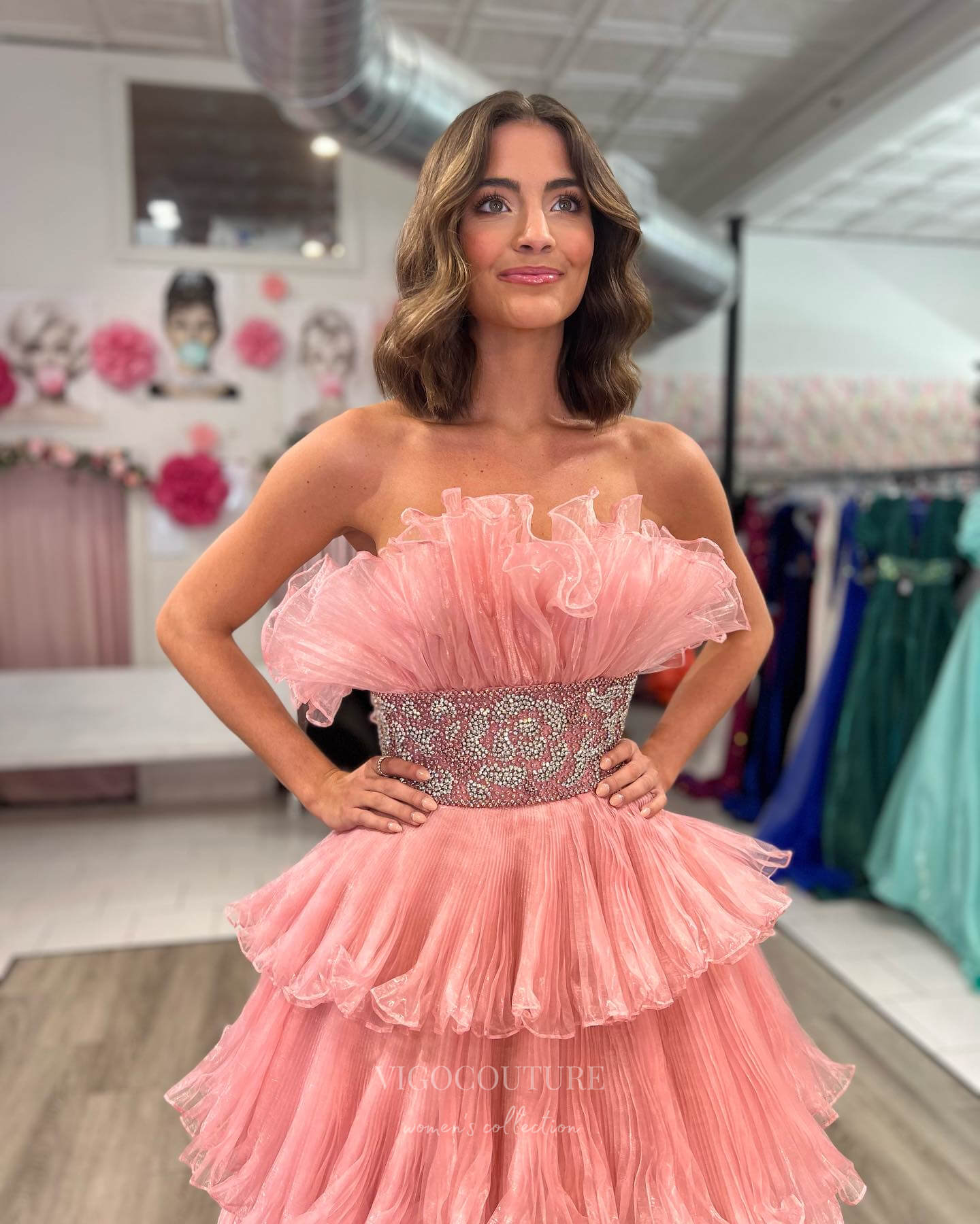 Prom Dress 2025 Stunning Tiered Ruffled Prom Dresses Beaded Waist Layered Formal Gown 24355-unique elegant Prom Dresses-Dusty Pink-Custom Size-vigocouture