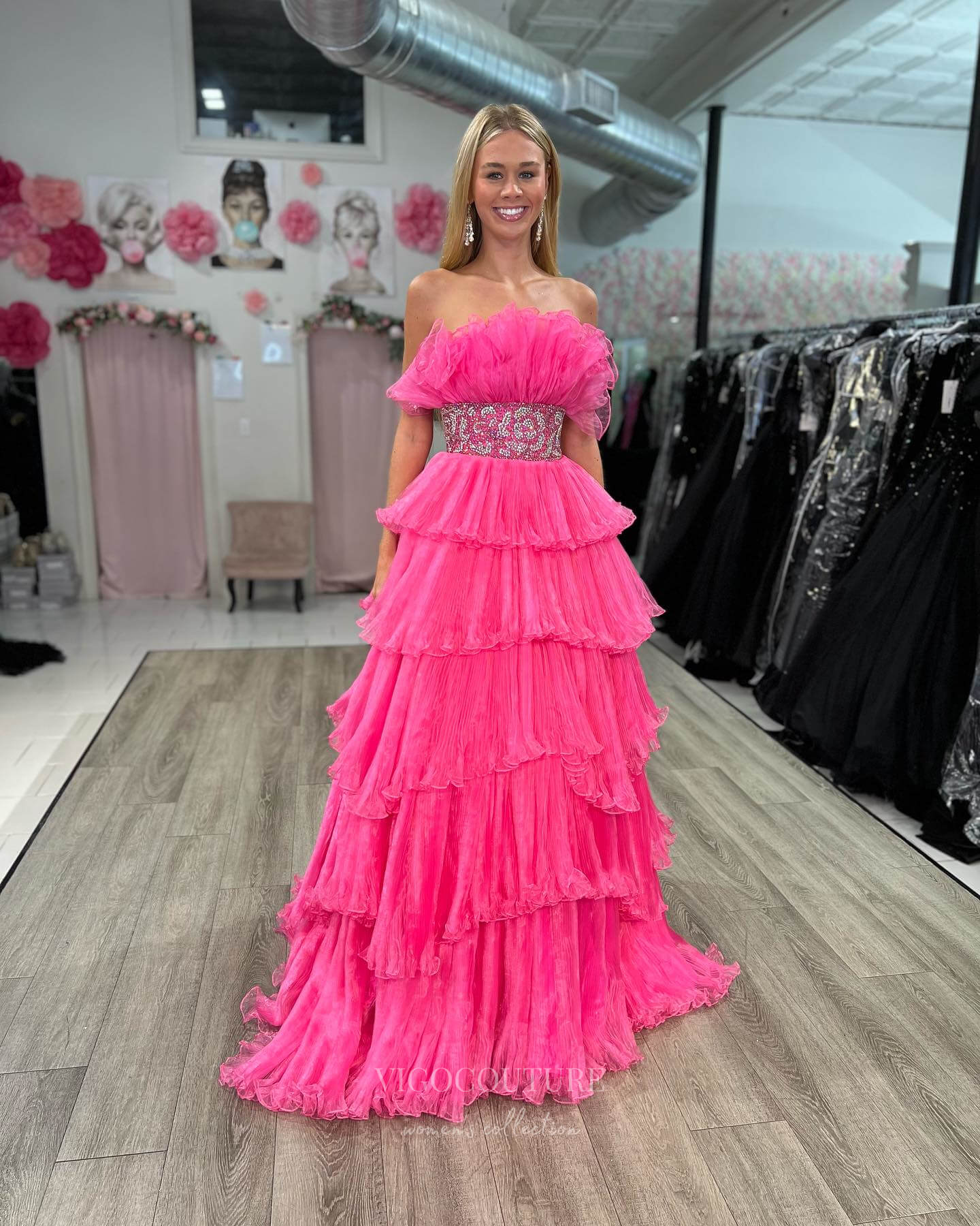 Prom Dress 2025 Stunning Tiered Ruffled Prom Dresses Beaded Waist Layered Formal Gown 24355-unique elegant Prom Dresses-Hot Pink-Custom Size-vigocouture