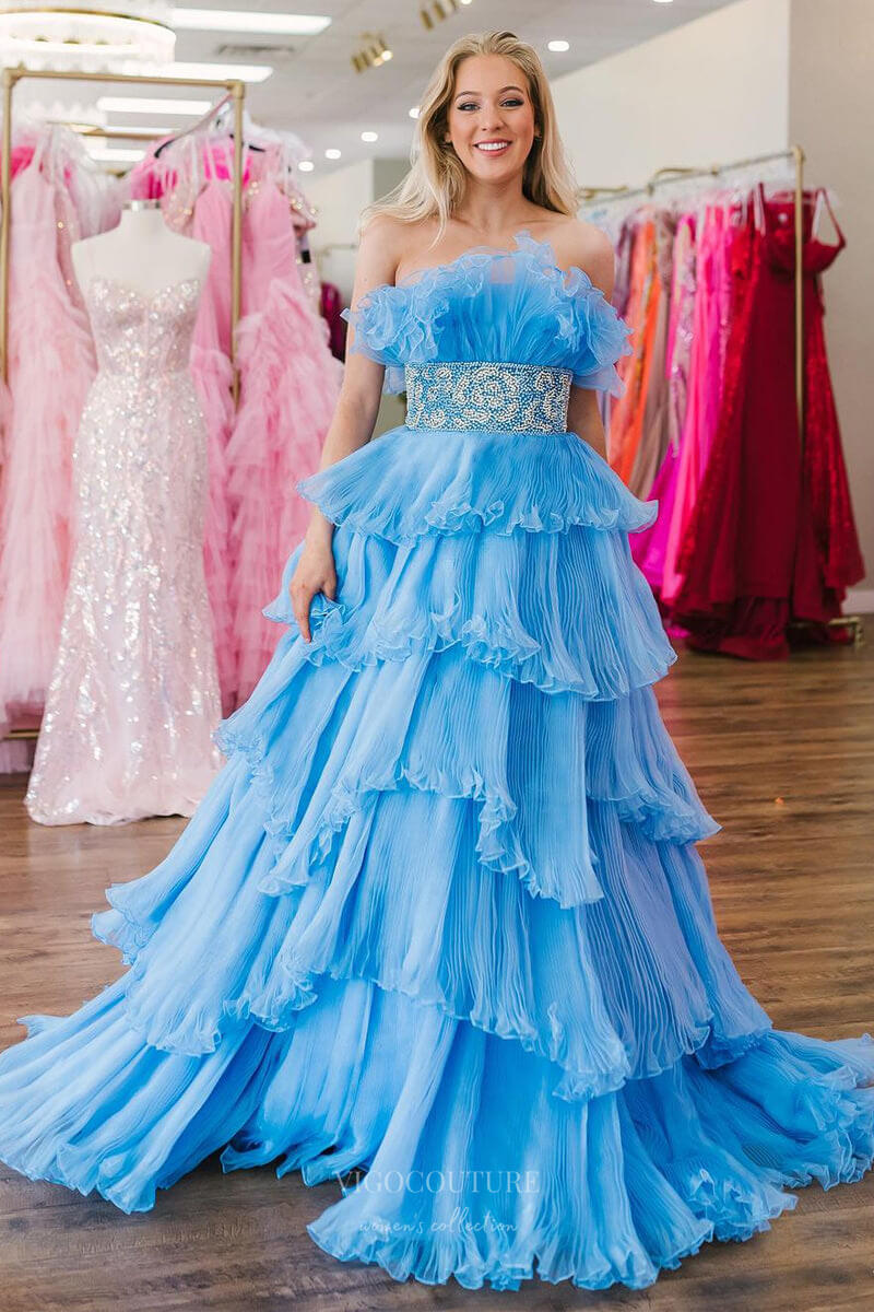 Stunning Tiered Ruffled Prom Dresses Beaded Waist Layered Formal Gown 24355 - Light Blue / Custom Size Stunning Tiered Ruffled Prom Dresses Beaded Waist Layered Formal Gown 24355 - Light Blue / Custom Size