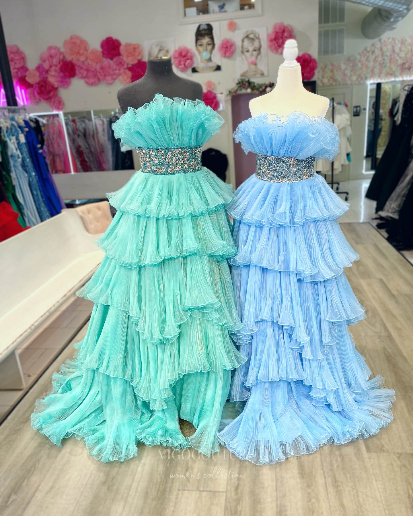 Prom Dress 2025 Stunning Tiered Ruffled Prom Dresses Beaded Waist Layered Formal Gown 24355-unique elegant Prom Dresses-Light Green-Custom Size-vigocouture