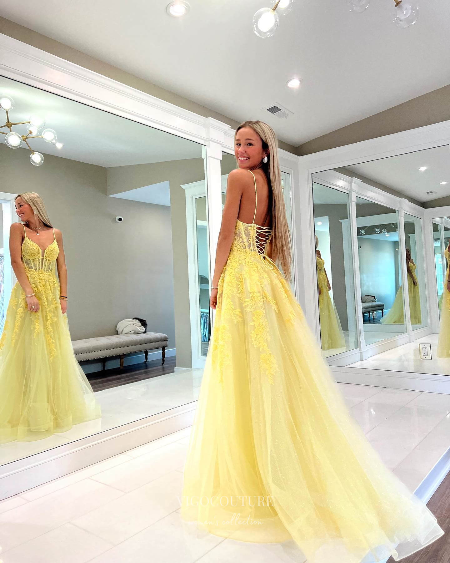 Prom Dress 2025 Stunning Yellow Lace Applique Prom Dresses Spaghetti Strap Evening Dress 24047-unique elegant Prom Dresses-Yellow-Custom Size-vigocouture