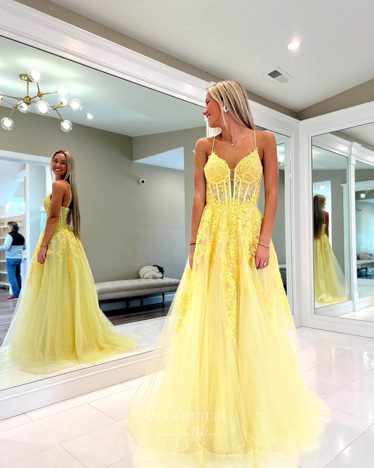 Prom Dress 2025 Stunning Yellow Lace Applique Prom Dresses Spaghetti Strap Evening Dress 24047-unique elegant Prom Dresses-Yellow-Custom Size-vigocouture