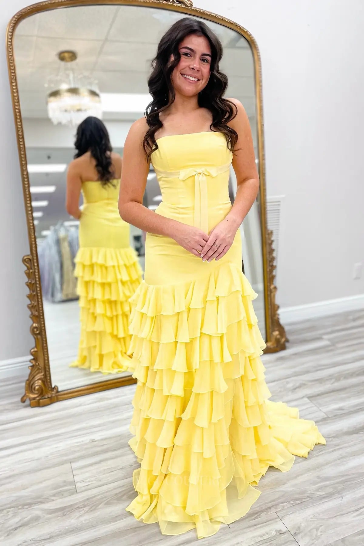 Prom Dresses 2025 to impress Sweet Ruffle Prom Dress with Strapless Bow Bodice and High Slit – 26169-vigocouture-Yellow-US 0-vigocouture