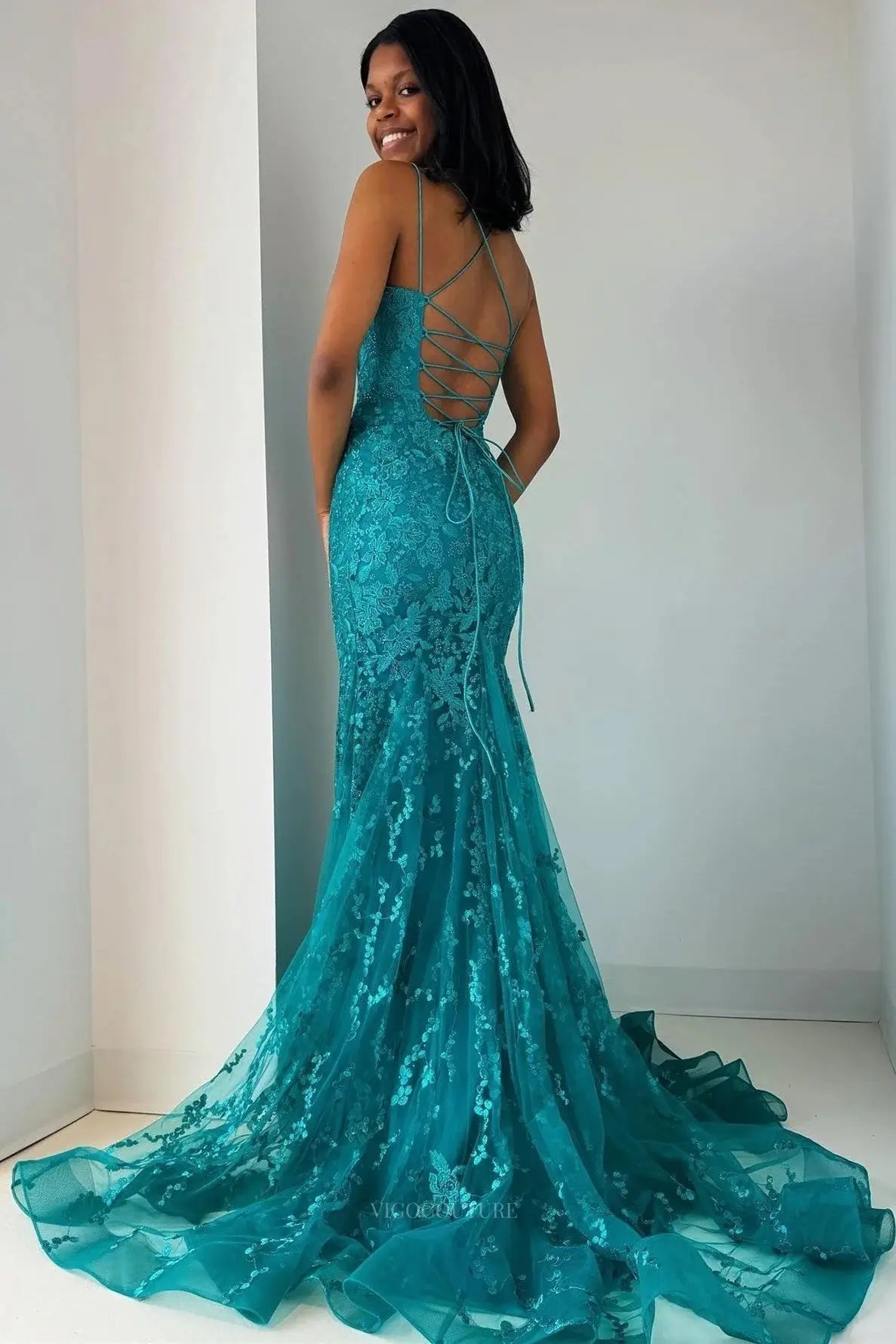 Teal Blue Lace Mermaid Prom Dresses 2025 Spaghetti Strap Formal Dresses 25134 Teal Blue / Custom Size Teal Blue Lace Mermaid Prom Dresses 2025 Spaghetti Strap Formal Dresses 25134 Teal Blue / Custom Size