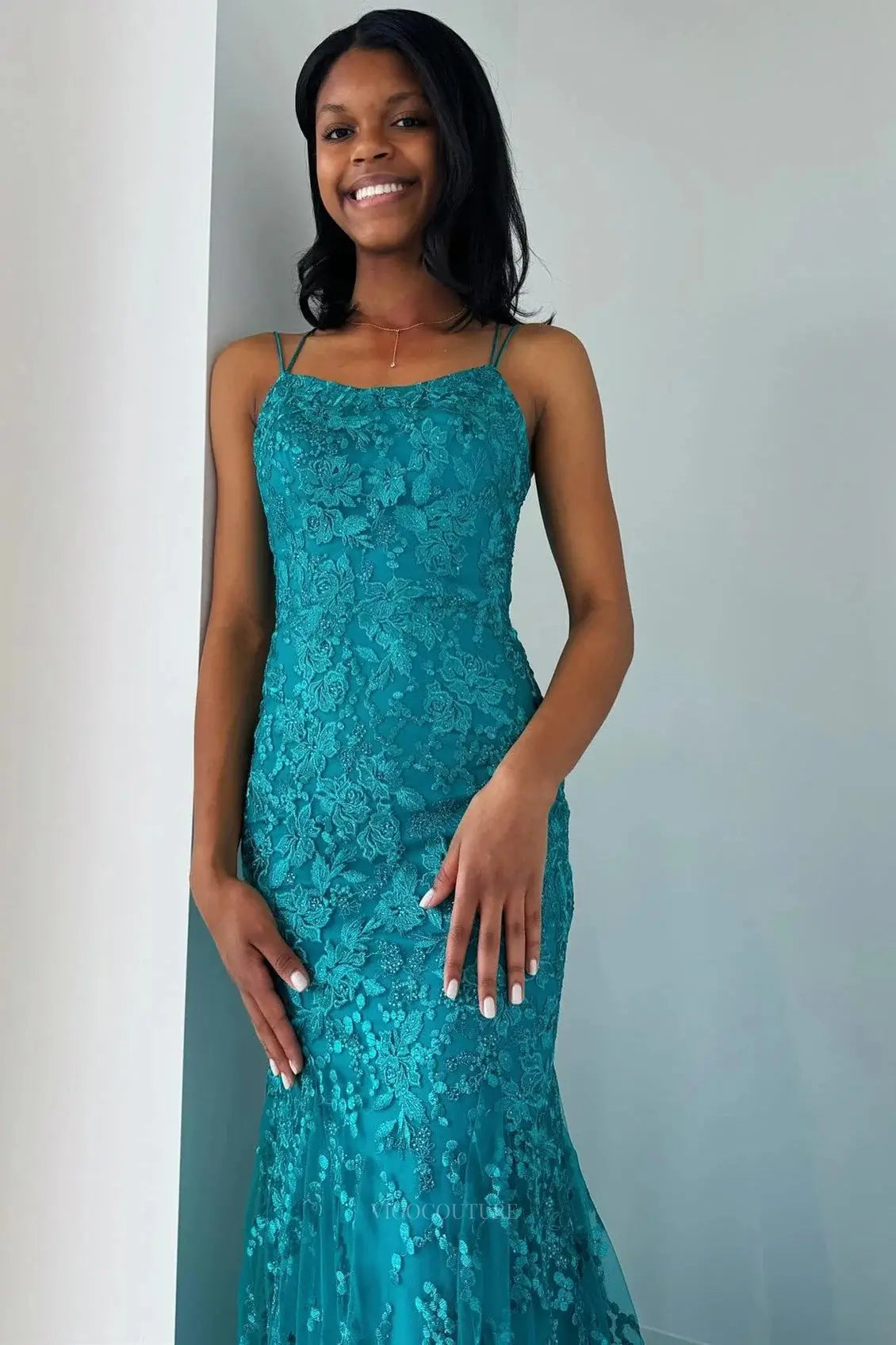 Teal Blue Lace Mermaid Prom Dresses 2025 Spaghetti Strap Formal Dresses 25134 Teal Blue / Custom Size Teal Blue Lace Mermaid Prom Dresses 2025 Spaghetti Strap Formal Dresses 25134 Teal Blue / Custom Size