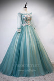 vigocouture-Teal Blue Long Sleeve Quinceañera Dresses Lace Applique Ball Gown 20423-Prom Dresses-vigocouture-