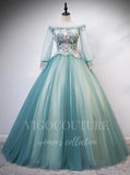 vigocouture-Teal Blue Long Sleeve Quinceañera Dresses Lace Applique Ball Gown 20423-Prom Dresses-vigocouture-Teal Blue-Custom Size-