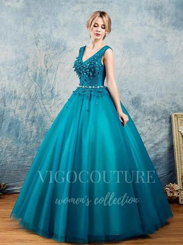 vigocouture-Teal Blue V-Neck Quinceañera Dresses Lace Applique Ball Gown 20454-Prom Dresses-vigocouture-