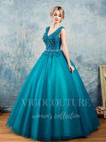 vigocouture-Teal Blue V-Neck Quinceañera Dresses Lace Applique Ball Gown 20454-Prom Dresses-vigocouture-