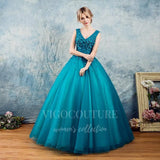 vigocouture-Teal Blue V-Neck Quinceañera Dresses Lace Applique Ball Gown 20454-Prom Dresses-vigocouture-