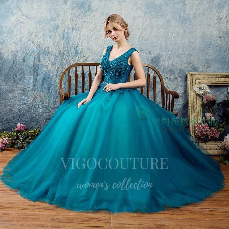 vigocouture-Teal Blue V-Neck Quinceañera Dresses Lace Applique Ball Gown 20454-Prom Dresses-vigocouture-