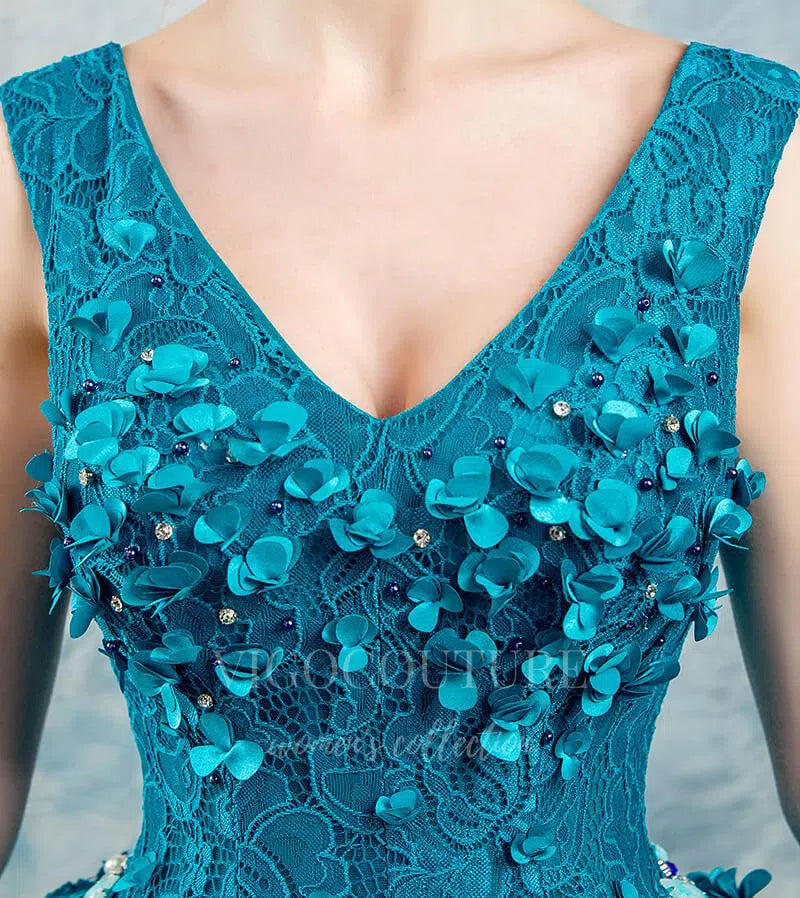 vigocouture-Teal Blue V-Neck Quinceañera Dresses Lace Applique Ball Gown 20454-Prom Dresses-vigocouture-