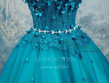 vigocouture-Teal Blue V-Neck Quinceañera Dresses Lace Applique Ball Gown 20454-Prom Dresses-vigocouture-