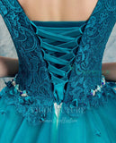 vigocouture-Teal Blue V-Neck Quinceañera Dresses Lace Applique Ball Gown 20454-Prom Dresses-vigocouture-