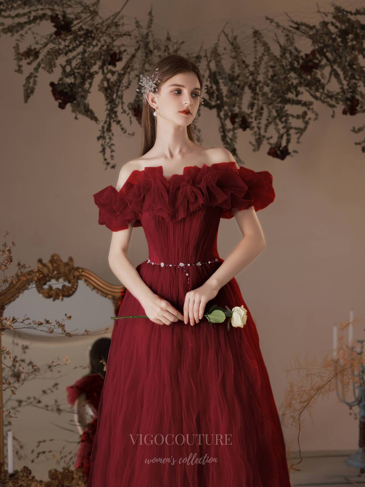 Prom Dress 2025 Tiered Off the Shoulder Tulle Prom Dress 20741-unique elegant Prom Dresses-Burgundy-US2-vigocouture