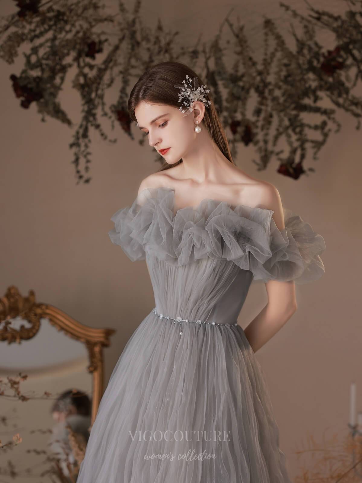 Prom Dress 2025 Tiered Off the Shoulder Tulle Prom Dress 20741-unique elegant Prom Dresses-Grey-US2-vigocouture