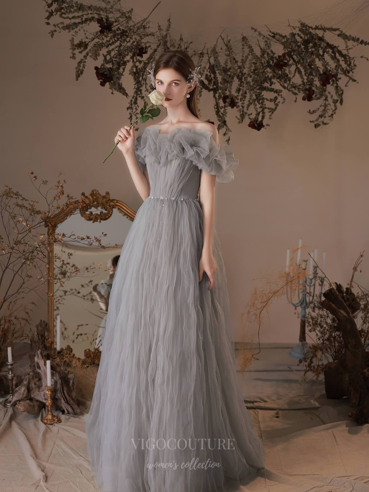 Prom Dress 2025 Tiered Off the Shoulder Tulle Prom Dress 20741-unique elegant Prom Dresses-Grey-US2-vigocouture