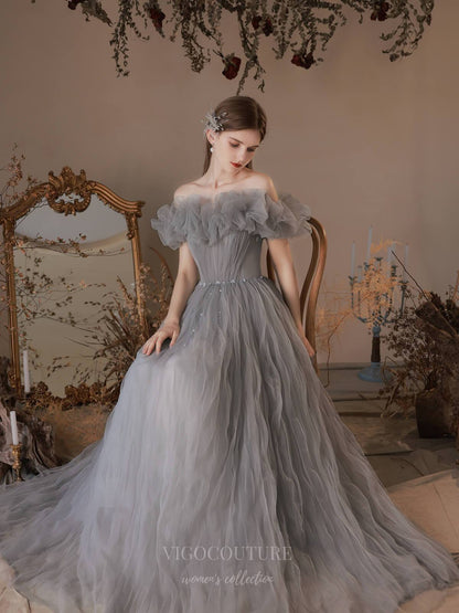 off the shoulder tulle prom dress Glitter Tulle Ball Gown Prom Dress with Puff Sleeves Emerald / 2