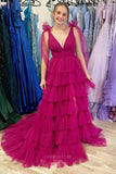 Prom Dress 2025 Tiered Ruffle Prom Dresses with Slit V-Neck Pleated Tulle 24285-unique elegant Prom Dresses-Fuchsia-Custom Size-vigocouture