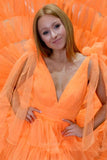 Prom Dress 2025 Tiered Ruffle Prom Dresses with Slit V-Neck Pleated Tulle 24285-unique elegant Prom Dresses-Orange-Custom Size-vigocouture