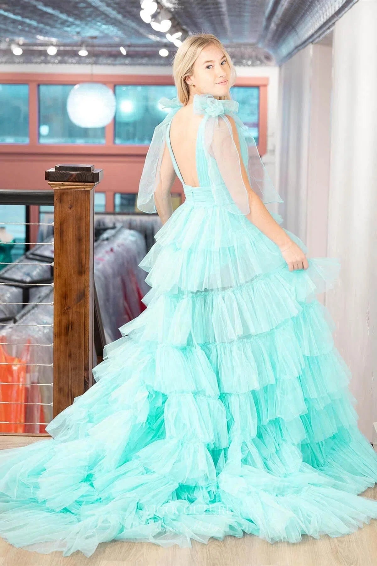 Tiered Ruffle Prom Dresses with Slit V-Neck Pleated Tulle 24285 Aqua / US6 Tiered Ruffle Prom Dresses with Slit V-Neck Pleated Tulle 24285 Aqua / US6