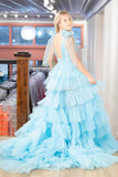 Prom Dress 2025 Tiered Ruffle Prom Dresses with Slit V-Neck Pleated Tulle 24285-unique elegant Prom Dresses-Orange-Custom Size-vigocouture