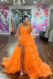 Prom Dress 2025 Tiered Ruffle Prom Dresses with Slit V-Neck Pleated Tulle 24285-unique elegant Prom Dresses-Orange-Custom Size-vigocouture