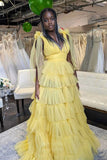 Prom Dress 2025 Tiered Ruffle Prom Dresses with Slit V-Neck Pleated Tulle 24285-unique elegant Prom Dresses-Yellow-Custom Size-vigocouture