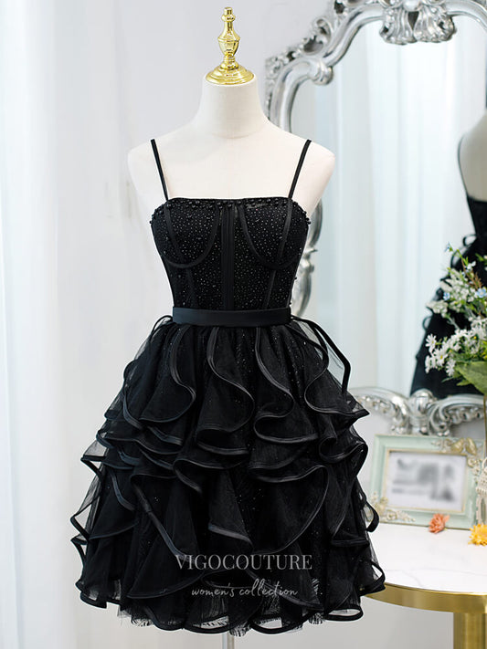 Short Prom Dresses 2025 Tiered Spaghetti Strap Homecoming Dresses Beaded Hoco Dresses hc236-Prom Dresses-vigocouture-Black-US0-vigocouture