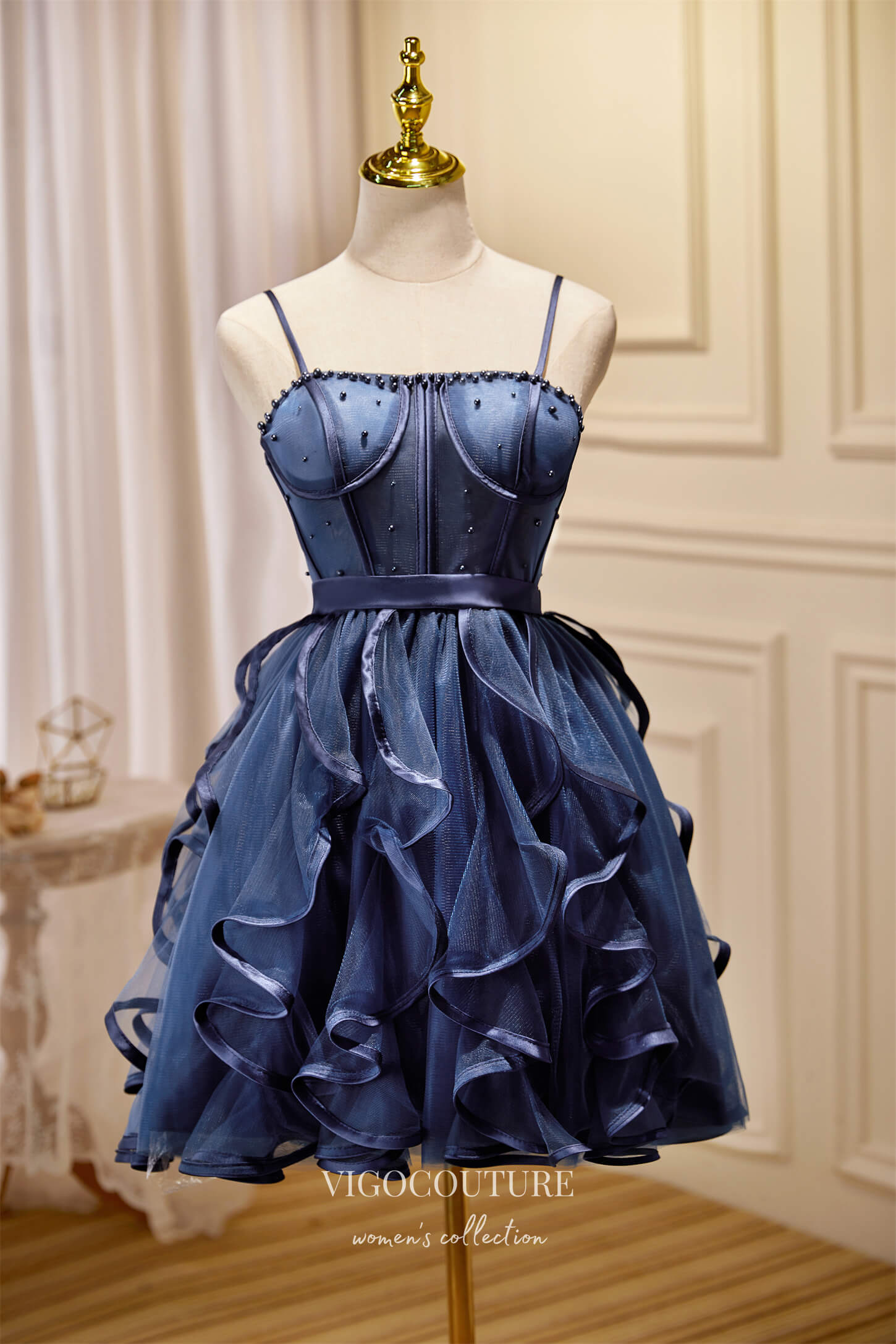 Tiered Spaghetti Strap Homecoming Dresses Beaded Short Prom Dresses hc   vigocouture