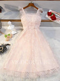 Prom Dress 2025 Tiered Spaghetti Strap Lace Prom Dress 2022 Mid-length A-line Dress-unique elegant Prom Dresses-Blush-US2-vigocouture