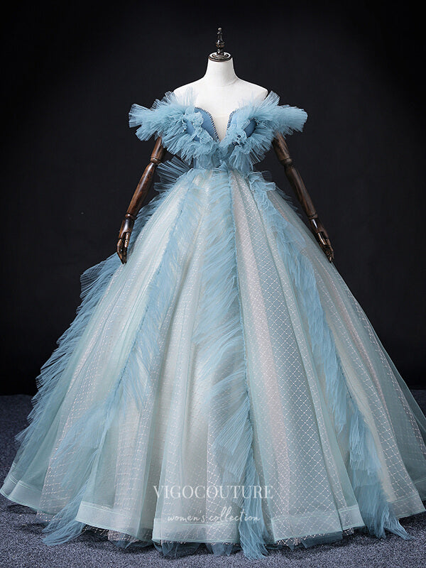 Prom Dress 2025 Tiered Tulle Prom Dresses Off the Shoulder Formal Dresses 21351-unique elegant Prom Dresses-Light Blue-Custom Size-vigocouture