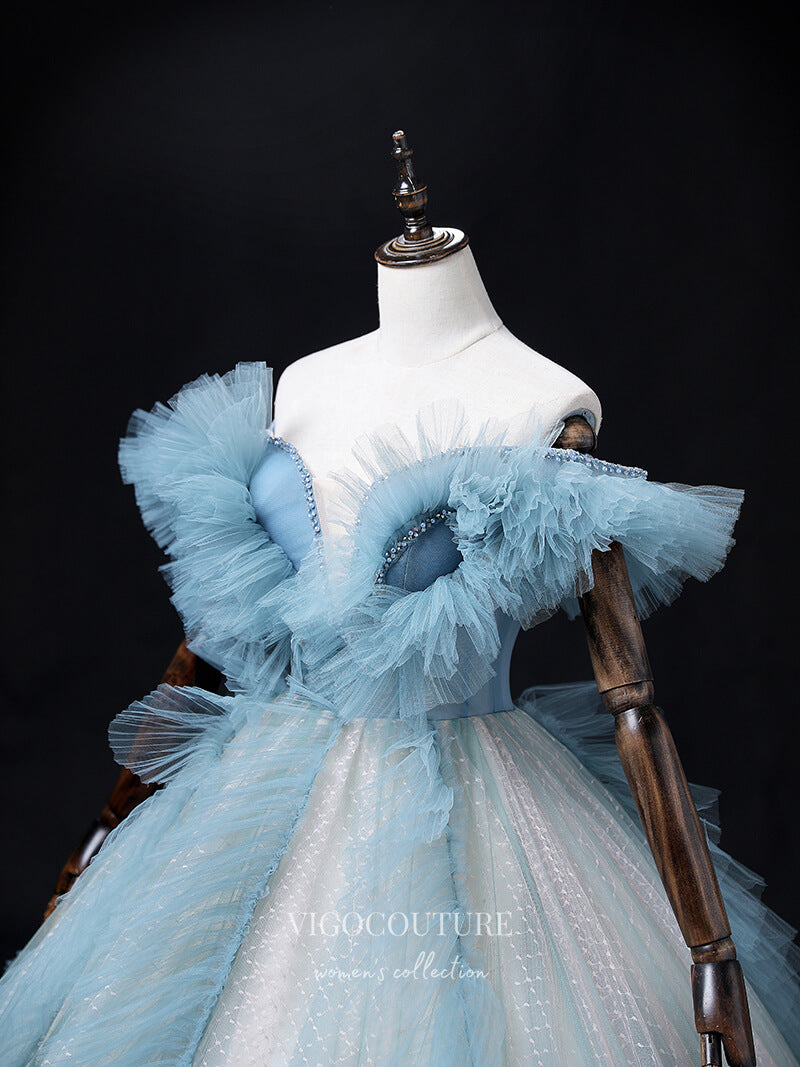 Prom Dress 2025 Tiered Tulle Prom Dresses Off the Shoulder Formal Dresses 21351-unique elegant Prom Dresses-Light Blue-Custom Size-vigocouture