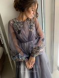 Prom Dress 2025 Tulle Long Sleeve Floral A-Line Prom Dress 20606-unique elegant Prom Dresses-Grey-US2-vigocouture