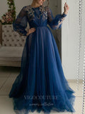 Prom Dress 2025 Tulle Long Sleeve Floral A-Line Prom Dress 20606-unique elegant Prom Dresses-Navy Blue-US2-vigocouture