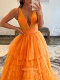 Prom Dress 2025 Tulle Tiered Prom Dresses A-Line Plunging V-Neck Formal Dresses 21553-unique elegant Prom Dresses-Orange-US2-vigocouture