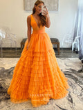 Prom Dress 2025 Tulle Tiered Prom Dresses A-Line Plunging V-Neck Formal Dresses 21553-unique elegant Prom Dresses-Orange-US2-vigocouture