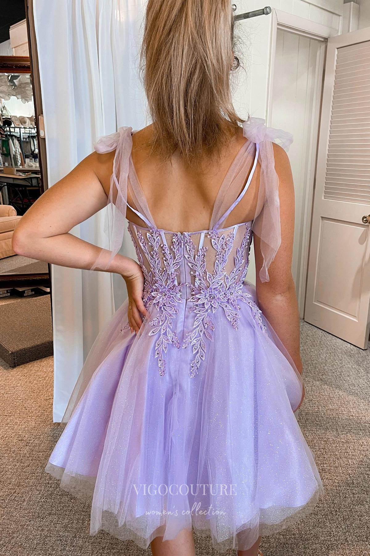 Short Prom Dresses 2025 Twinkle in Lavender: Sparkly Tulle Lace Applique Homecoming Dress with Spaghetti Strap hc244-Prom Dresses-vigocouture-vigocouture