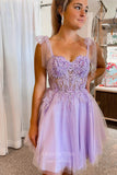 Short Prom Dresses 2025 Twinkle in Lavender: Sparkly Tulle Lace Applique Homecoming Dress with Spaghetti Strap hc244-Prom Dresses-vigocouture-vigocouture