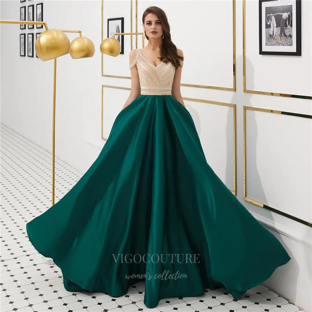 Prom Dress 2025 V-Neck Beaded Satin Prom Dress 20282-unique elegant Prom Dresses-Green-US2-vigocouture